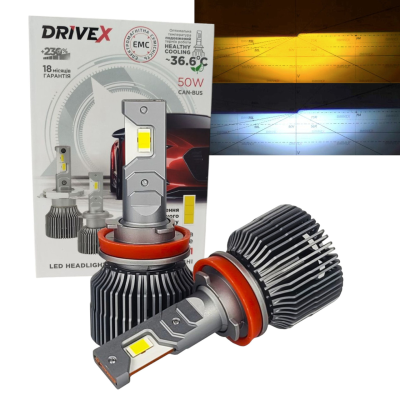 Автолампи Led H11 H8 H9 H16 AL-11 Dual color білий/жовтий DriveX Canbus 5500/3000K 50W 12000Lm 9-16V Автолампи Led H11 H8 H9 H16 AL-11 Dual color білий/жовтий DriveX Canbus 5500/3000K 50W 12000Lm 9-16V